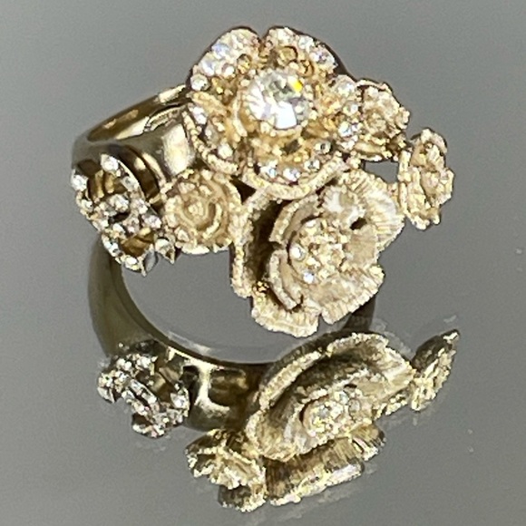 CHANEL Camellia CC Logo Rhinestone Gold Tone Ring Size 6 - Picture 1 of 14